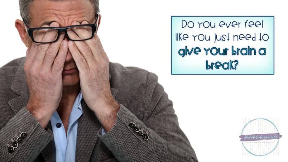 A man wearing glasses and a suit jacket rubs his eyes, appearing tired or stressed. Beside him, a text box reads, "Do you ever feel like you just need to give your brain a break?" with the logo at the bottom right—perhaps it's time for some much-needed Brain Breaks for kids too.