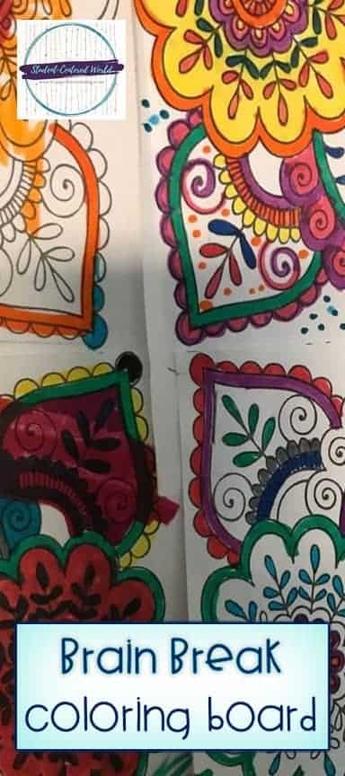 coloring bulletin board example of flowers with caption "brain break coloring board"