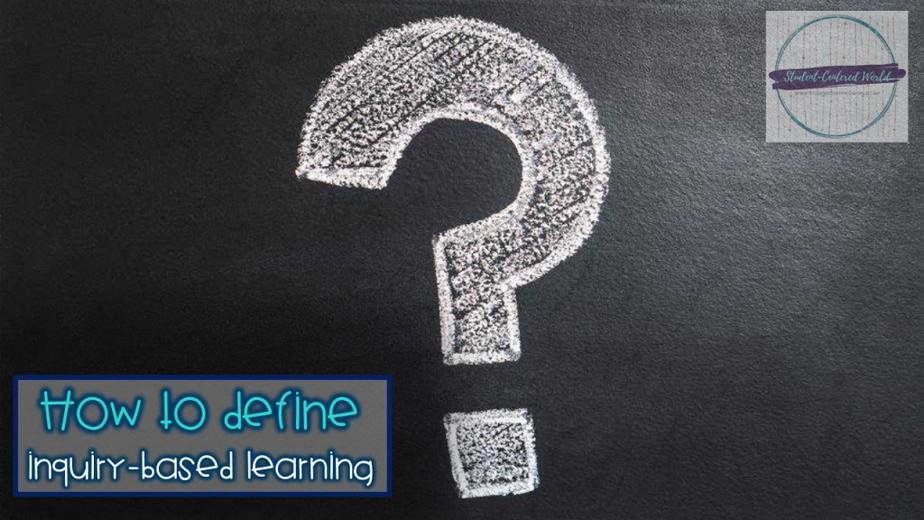 A large chalk-drawn question mark graces the blackboard, complemented by the stylized text at the bottom left corner: Defining inquiry-based learning.