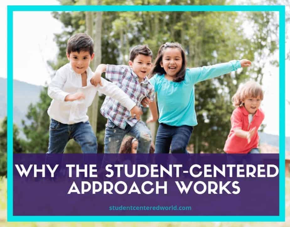 Children joyfully running in a grassy area with trees in the background embody the essence of a student-centered approach. The text overlay reads, Why the Student-Centered Approach Works, promoting studentcenteredworld.com.
