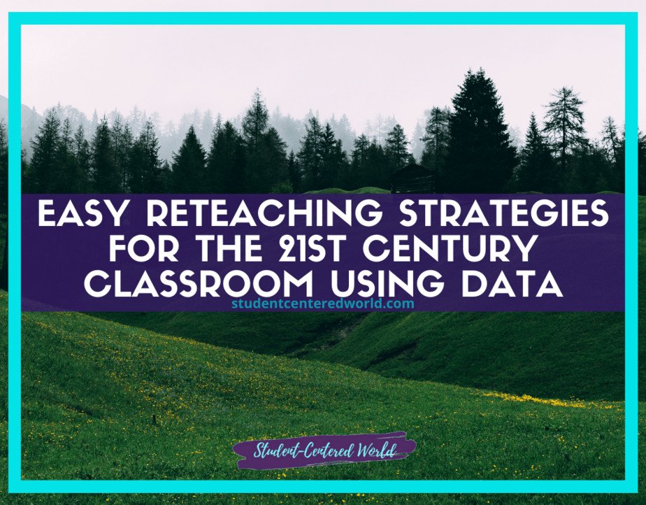 Text on a scenic background with a forest and mountain: Easy Reteaching Strategies for the 21st Century Classroom Using Data for Reteaching with studentcenteredworld.com. A purple banner and green outline frame the text.