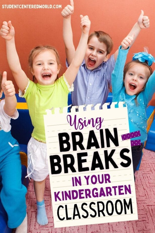 Four young children in colorful clothes smile and give thumbs up. A large sign in front reads, Using Brain Breaks in Your Kindergarten Classroom. The background is a classroom with orange walls, perfectly setting the scene for fun brain breaks for kindergarten that keep young minds energized and engaged.