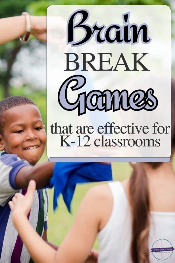 Two children play outdoors, one smiling and reaching for a blue cloth, embodying the excitement of brain break games. Text on the image reads: Brain Break Games that are effective for K-12 classrooms.