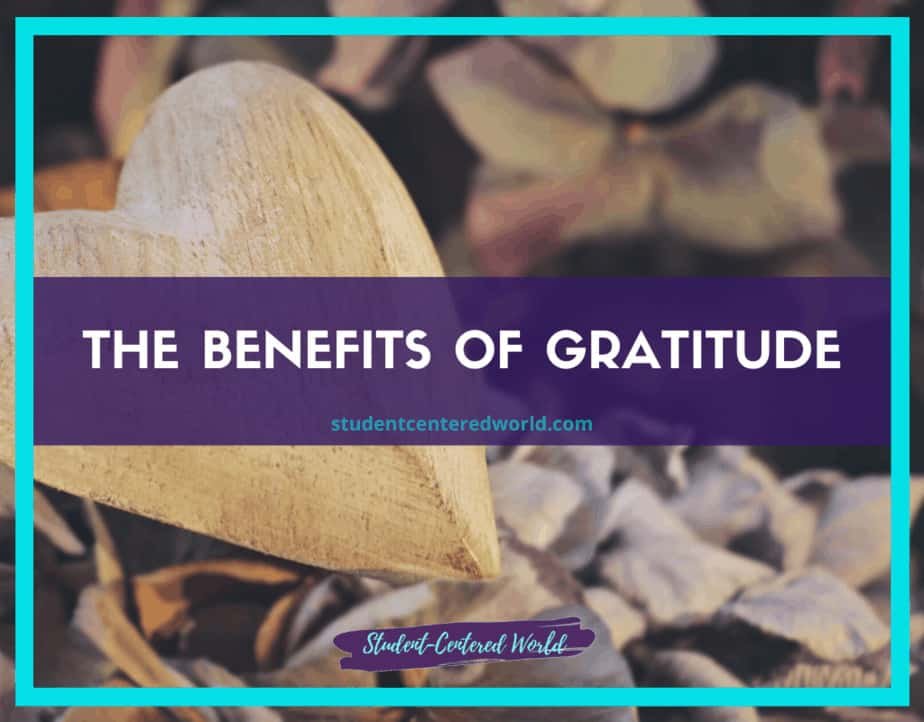 A wooden heart sits amid dried flowers with a purple overlay, featuring the text The Benefits of Gratitude. Surrounding this serene scene is a turquoise border, subtly emphasizing the importance of gratitude in the classroom.