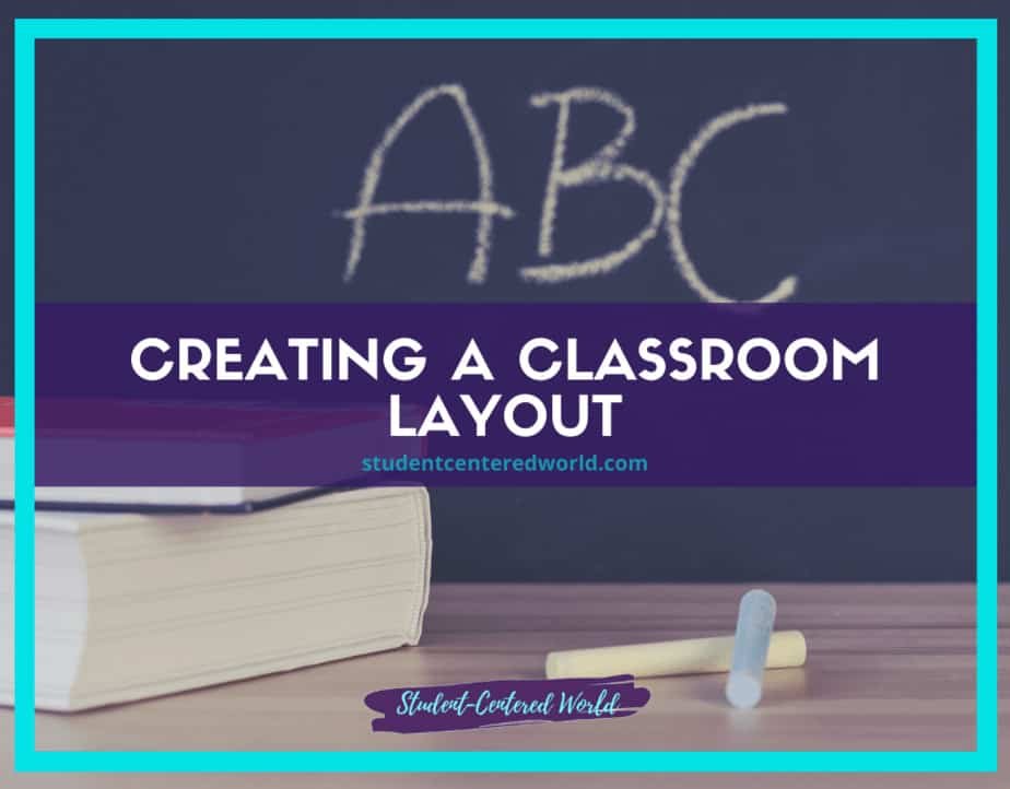 An open book and chalk lie on a desk with ABC written on a chalkboard. Text overlay reads Creating a Classroom Setup Layout with a website link and a footer saying Student-Centered World.