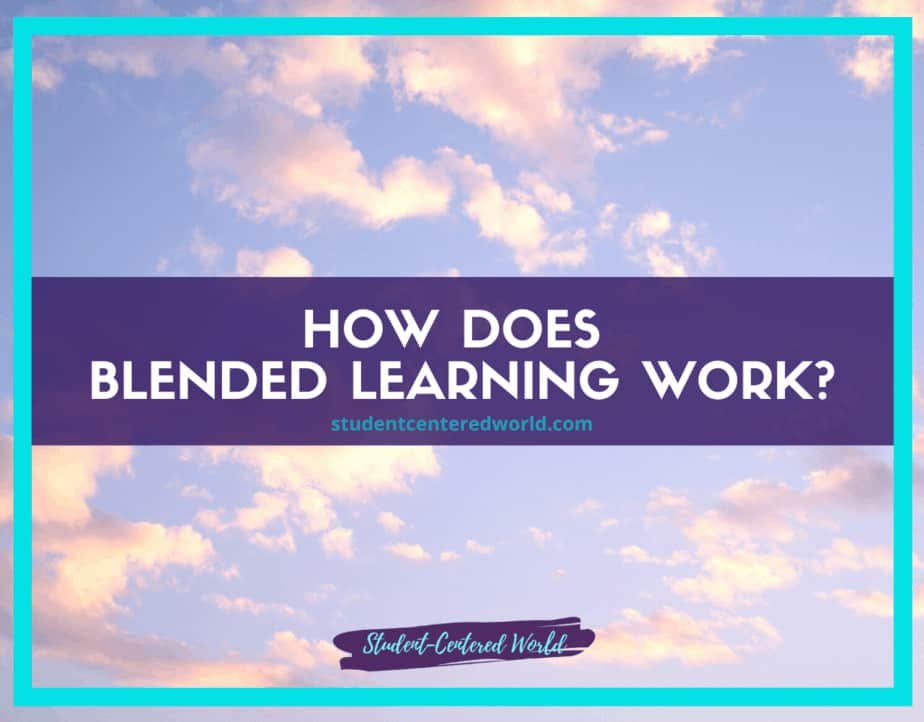Sky with fluffy clouds sets the stage: How does blended learning work? The question invites you to explore studentcenteredworld.com, all framed within a purple border.