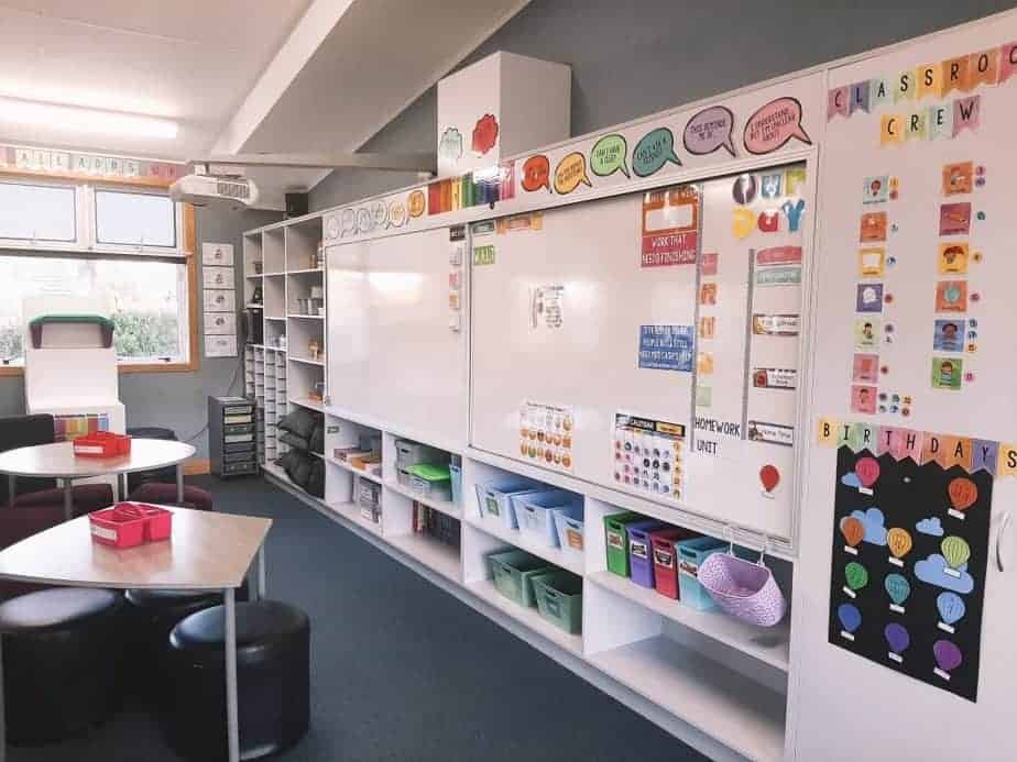 A colorful classroom with decorated walls and whiteboards, shelves with bins, and a small table with stools. Bright letters and educational materials are displayed around the room, creating a vibrant learning environment.