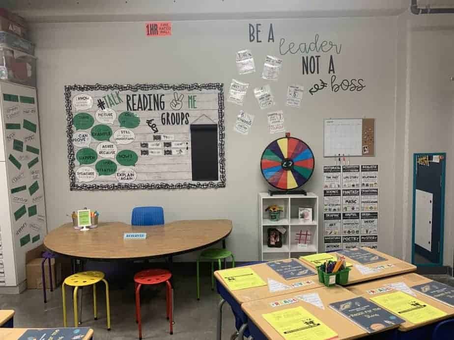 Classroom with a small group table and colorful stools, a reading bulletin board, motivational wall signs, and a wheel for activities. Desks have yellow folders and pencils. Shelves and organizers are in the background.