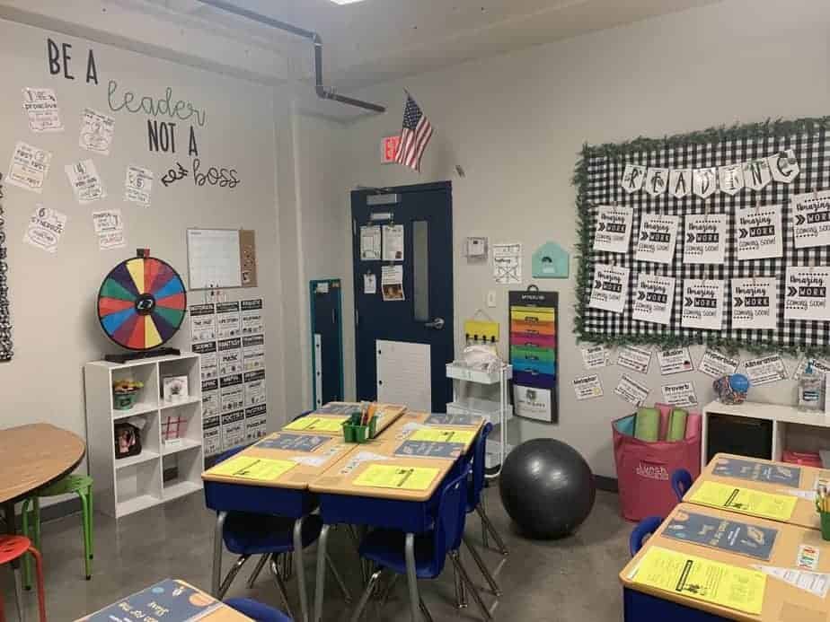 A classroom with blue desks arranged in groups, each topped with yellow folders and notebooks. A wall displays motivational quotes and reading charts. Theres a colorful spinning wheel, teachers desk, and an exercise ball. An American flag hangs by the door.