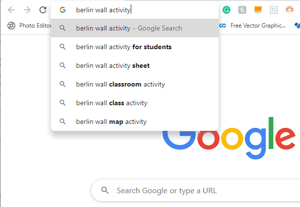 Screenshot of a Google search page. The search bar displays berlin wall activity, and suggested queries include berlin wall activity for students and berlin wall activity sheet.