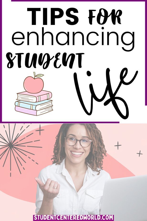 Text reads “Tips for enhancing student life” above an illustration of an apple on books. Below is a smiling person with glasses and curly hair, gesturing beside a laptop. The website studentcenteredworld.com is at the bottom. Perfect for improving student life.