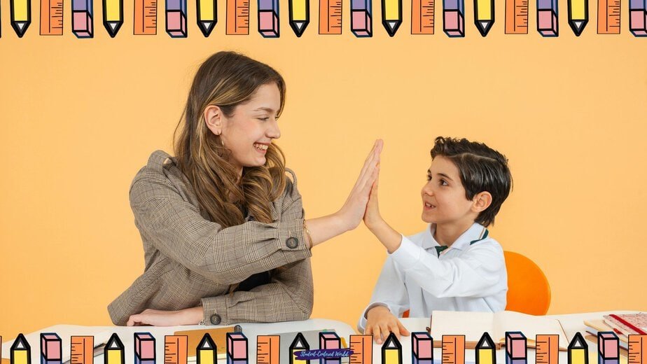 A woman and a young boy give each other a high five while sitting at a table, smiling—celebrating positive teacher-student relationships. The image features a decorative border of colorful rulers and pencils on an orange background.