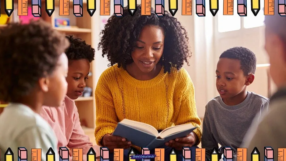 A teacher in a yellow sweater reads a book to three young children in a classroom, highlighting positive teacher-student relationships. The image is framed by a colorful border of illustrated pencils.