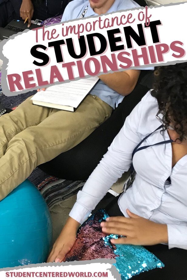 Two students sit next to each other, one touching a blue sequin pillow, highlighting the importance of student relationships. The image contains the text: The importance of student relationships and studentcenteredworld.com.