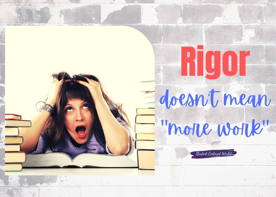 A woman with an overwhelmed expression rests her head on an open book, surrounded by stacked volumes. Against a textured background, the text ponders, "Rigor doesn't mean more work; it questions what student engagement truly is.