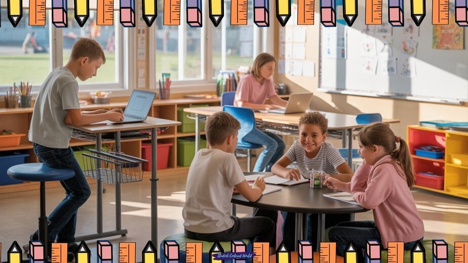 Four children sit at a round table working together, demonstrating different types of student engagement, while another child uses a laptop at a nearby desk in a bright classroom decorated with colorful pencil borders.