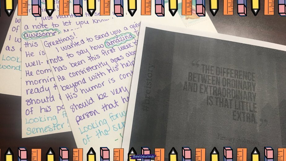 Two handwritten notes with words like awesome and amazing highlighted sit beside a printed quote, "The difference between ordinary and extraordinary is that little extra," all framed by a pencil border—perfect for character-based awards displays.