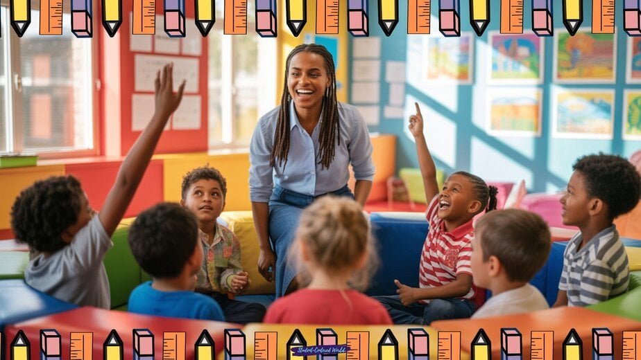 A smiling teacher interacts with six young children in a colorful classroom, demonstrating different types of student engagement as several kids eagerly raise their hands. The walls display artwork, and the photo is bordered with cartoon pencils.