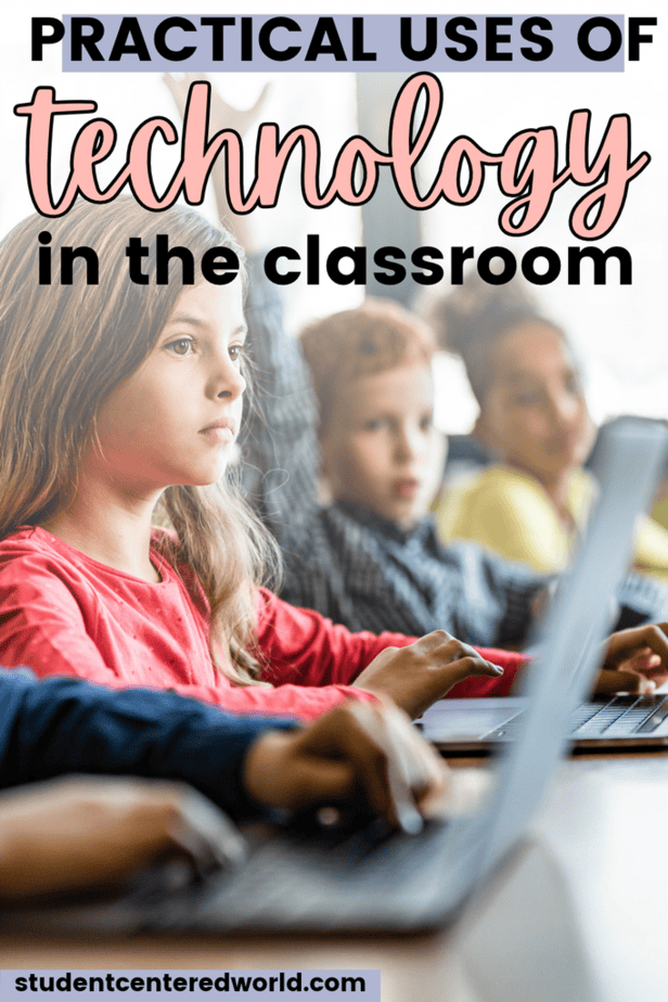 Children sit at desks using laptops in a classroom. The text at the top reads, Uses for Technology in the Classroom. Website URL is visible at the bottom.
