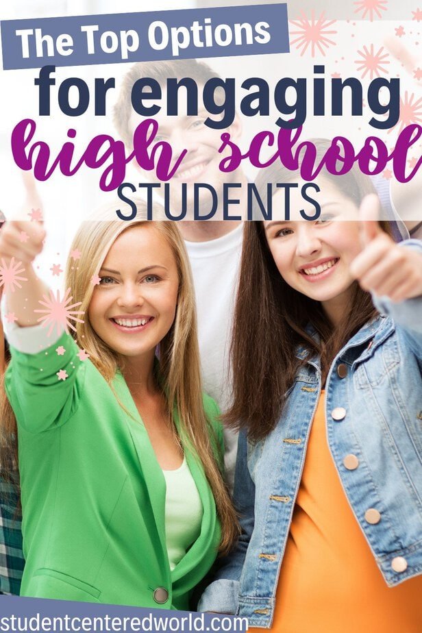 Three smiling high school students point forward, with text overlay: How to Engage High School Students—The Top Options for Meaningful Engagement. The students appear happy and enthusiastic. Website: studentcenteredworld.com.