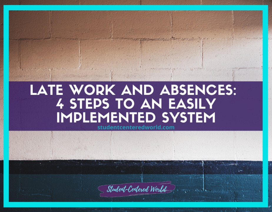 A motivational poster on the wall reads, "Addressing Late Work and Absences: 4 Steps to an Easily Implemented System," adorned with a purple banner. It features a website link below, all framed beautifully with a teal border.