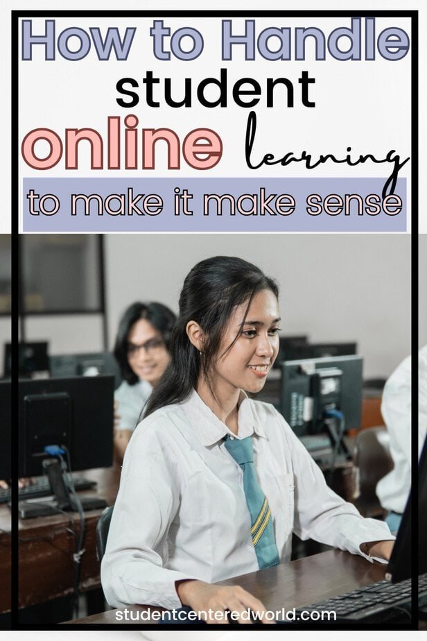 A female student in uniform smiles while using a computer in a classroom, clearly engaged in student online learning. Text above reads: How to Handle Student Online Learning to Make it Make Sense. Other students work at computers in the background.