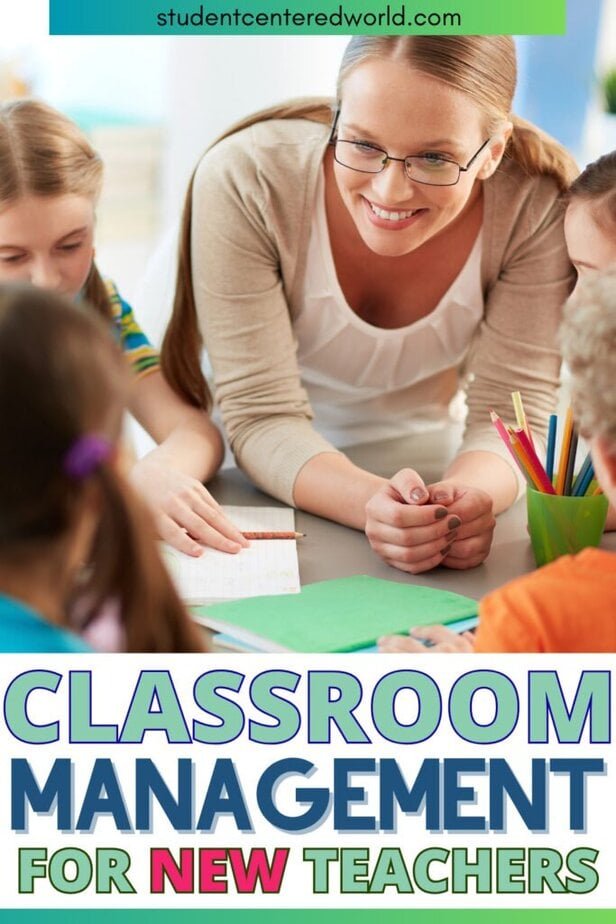A smiling teacher leans over a table, engaging with young students. The text reads: Classroom management for new teachers. The setting is a bright, welcoming classroom.
