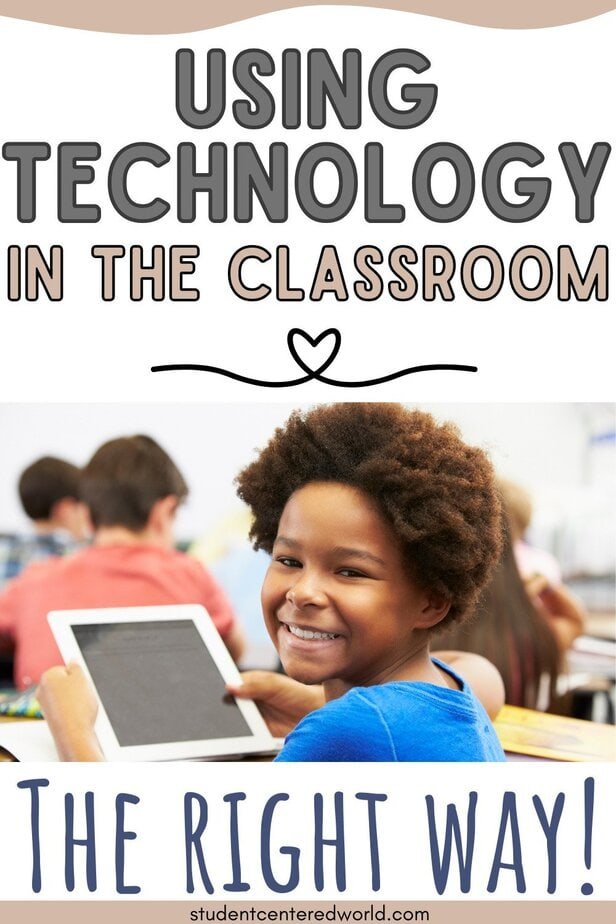 Smiling child holding a tablet sits at a desk in a classroom, highlighting student engagement using technology. Text above reads, Using Technology in the Classroom, and below, The Right Way! Other children and desks are visible in the background.