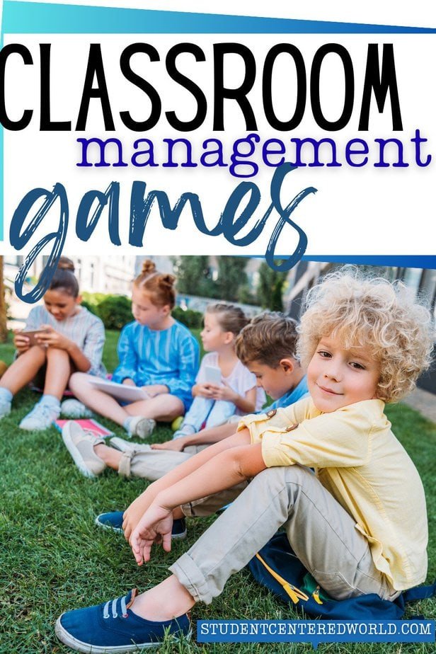 A group of young children sits on the grass outside, some reading and some talking while enjoying classroom management games. Text over the image reads “Classroom Management Games.”.
