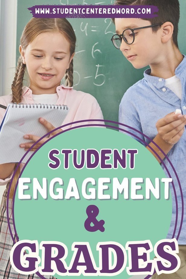 Two students stand in front of a chalkboard with math equations; one girl writes in a notebook while the boy looks on. Text reads Student Engagement & Academic Performance, with a website at the top.