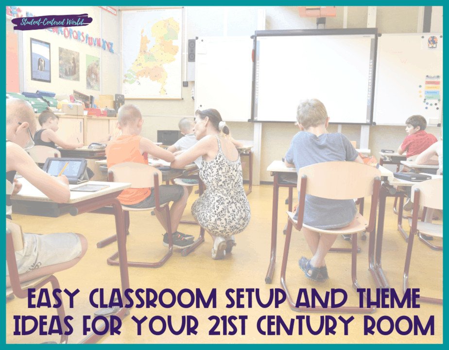 A teacher kneels in the middle of a classroom, assisting students seated at tables. With maps, a dry erase board, and colorful decorations all around, this scene exemplifies easy classroom setup and theme ideas for your 21st-century room.