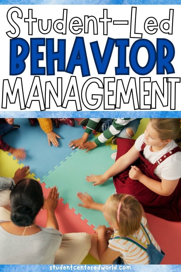 Children and a teacher sit in a circle on colorful foam mats, playing a game together. Text above reads Student-Led Behavior Management, highlighting student centered behavior management in action.