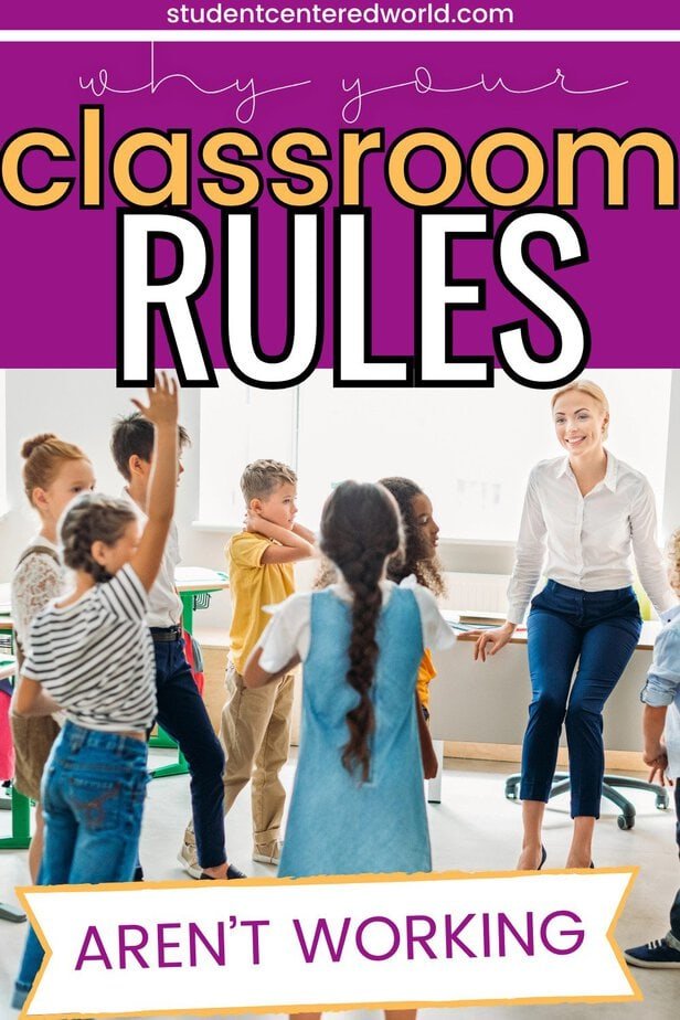 A smiling teacher interacts with a group of young, diverse students who are raising their hands in a classroom. Text above reads, Why your classroom management lesson plans aren’t working.