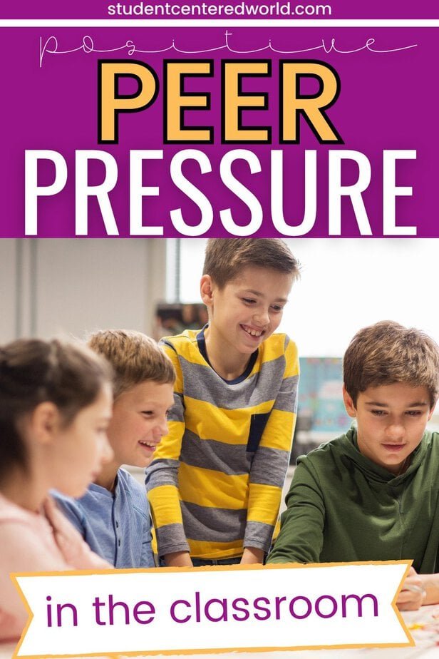 Four children sit and stand around a table in a classroom, smiling and interacting with each other, demonstrating positive peer pressure. Text above them reads, Positive Peer Pressure in the classroom.