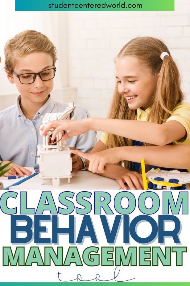 Two smiling children work together assembling a small model in a classroom. The text overlay reads Classroom Behavior Management Tool—a bright, educational setting highlighting teamwork and serving as an effective classroom management observation tool.