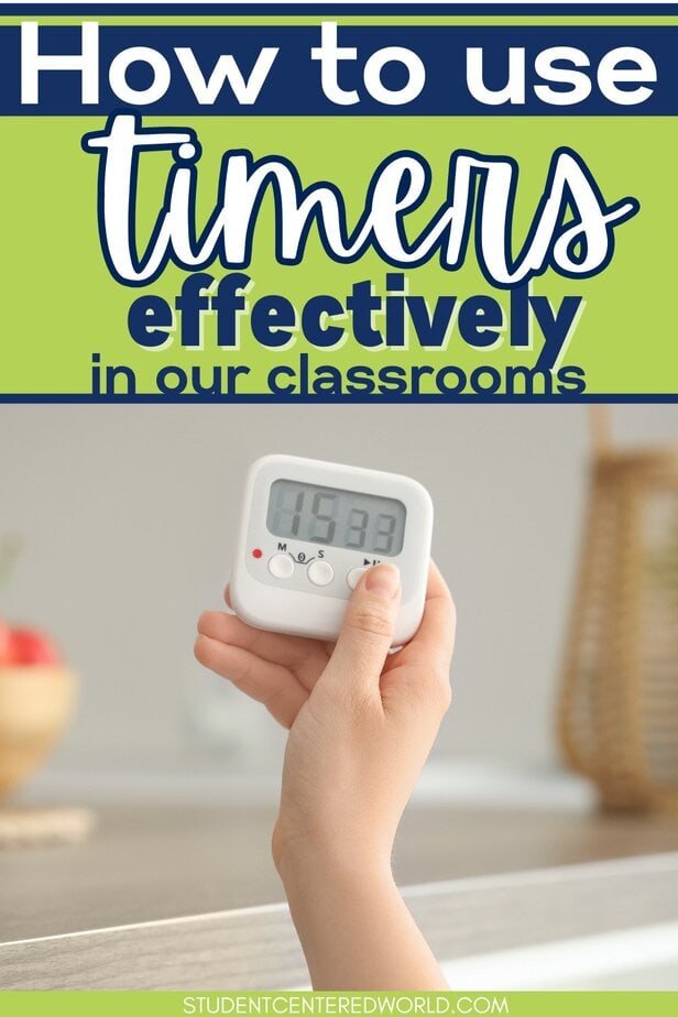 A hand holding a small timer for classroom use, with text above reading How to use timers effectively in our classrooms on a green and blue background.