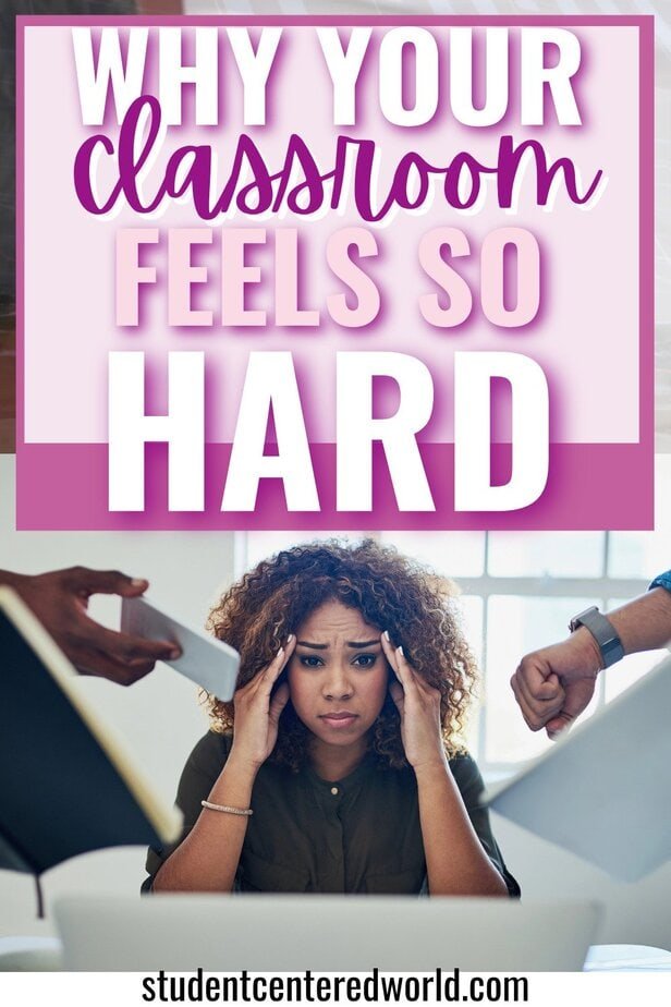 A stressed woman sits at a desk holding her head, surrounded by pointing fingers. Above her, bold text reads, Why classroom management after COVID feels so hard. Website studentcenteredworld.com is at the bottom.