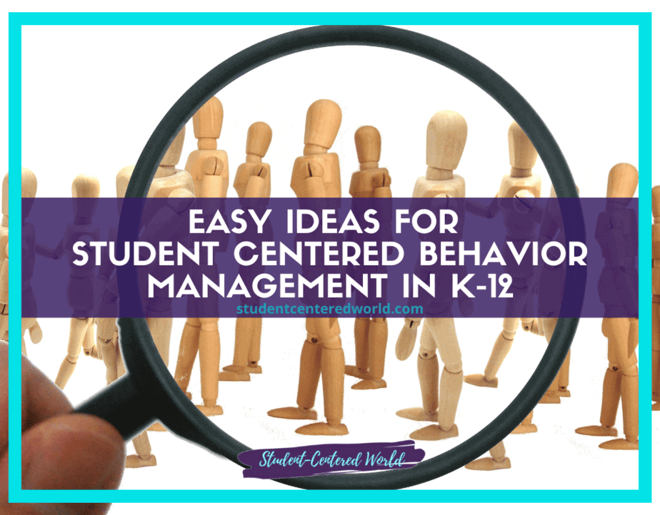 A magnifying glass highlights wooden mannequins in groups. Overlaid text reads, Simple Strategies for Effective Student-Centered Behavior Management in K-12, with a website link below.