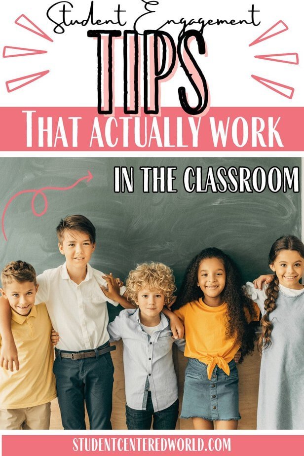 Students standing happily in front of a chalkboard, photo title "Student Engagement Tips that actually work in the classroom"