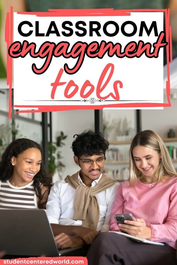Three smiling students sit together, looking at a phone and a laptop. The image is overlaid with the text CLASSROOM engagement tools, hinting at a student engagement measurement tool. Bookshelves and plants are in the background.