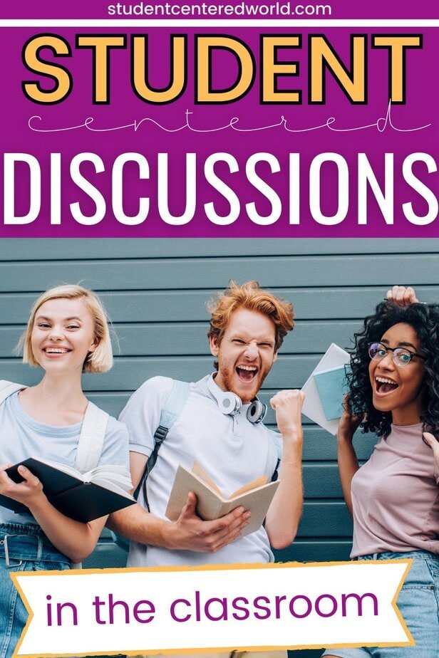 Three excited young adults stand in front of a gray wall, holding books and notebooks, celebrating. The text reads, Student Centered Discussion Strategies in the classroom.