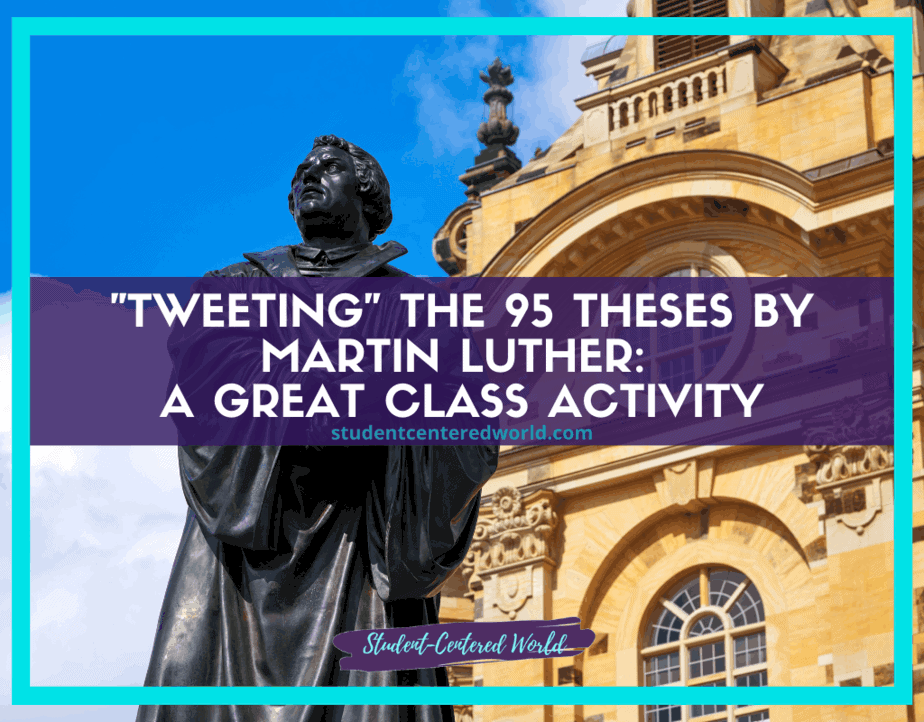 A statue of Martin Luther stands proudly before a historic building, perfectly capturing the spirit of his 95 Theses. This iconic scene makes "Tweeting the 95 Theses by Martin Luther" an inspiring and engaging class activity.