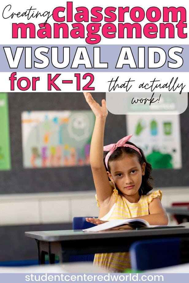 A young girl in a classroom raises her hand while sitting at a desk. Text on the image reads: Creating classroom management visual aids for K-12 that actually work! studentcenteredworld.com.