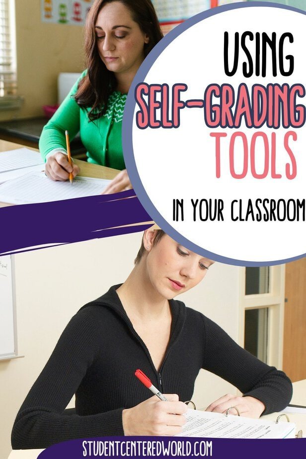 Two women sit at desks grading papers. Text reads: Using self-grading tools in your classroom: What is Self-Grading? studentcenteredworld.com.