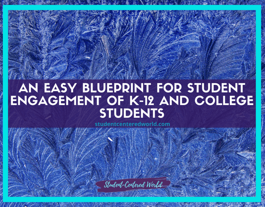 Text on a frosty blue leaf background reads: An easy blueprint for K-12 and college student engagement crafted by the Office of Student Engagement, with a website link below. A red banner at the bottom states Student-Centered World.