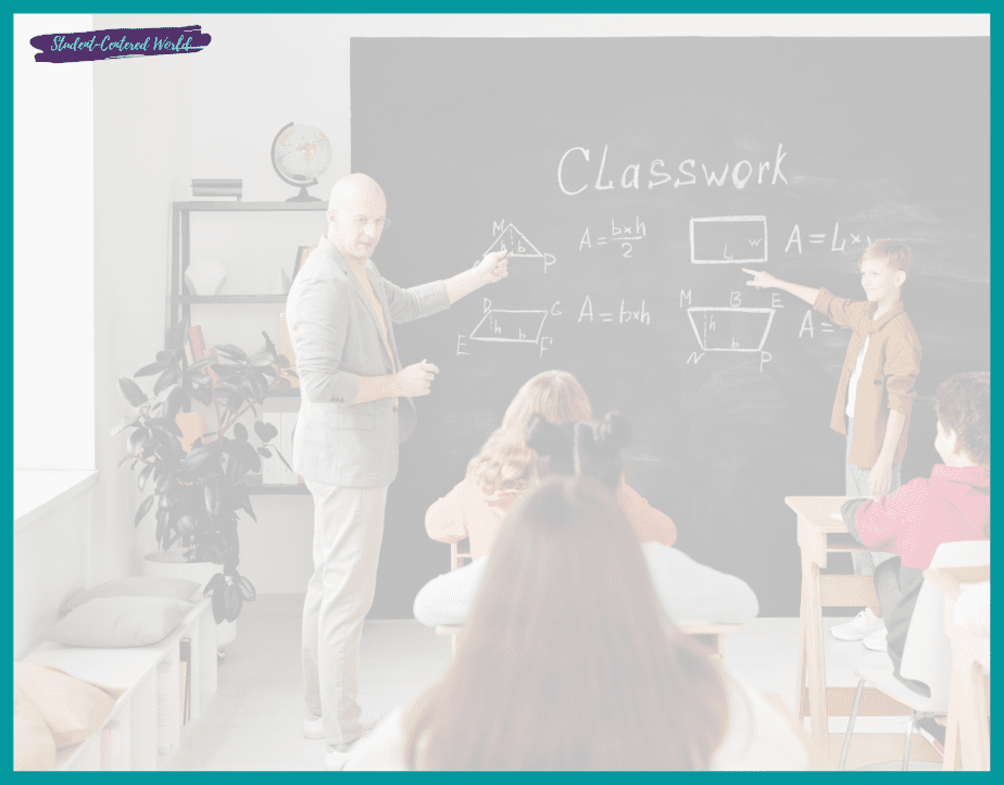 A teacher and a student stand by a chalkboard filled with geometry formulas. As the teacher points to a triangle and the student gestures at a rectangle, they navigate classroom challenges together. Other students sit at desks, attentively observing the lesson's unfolding dynamics.
