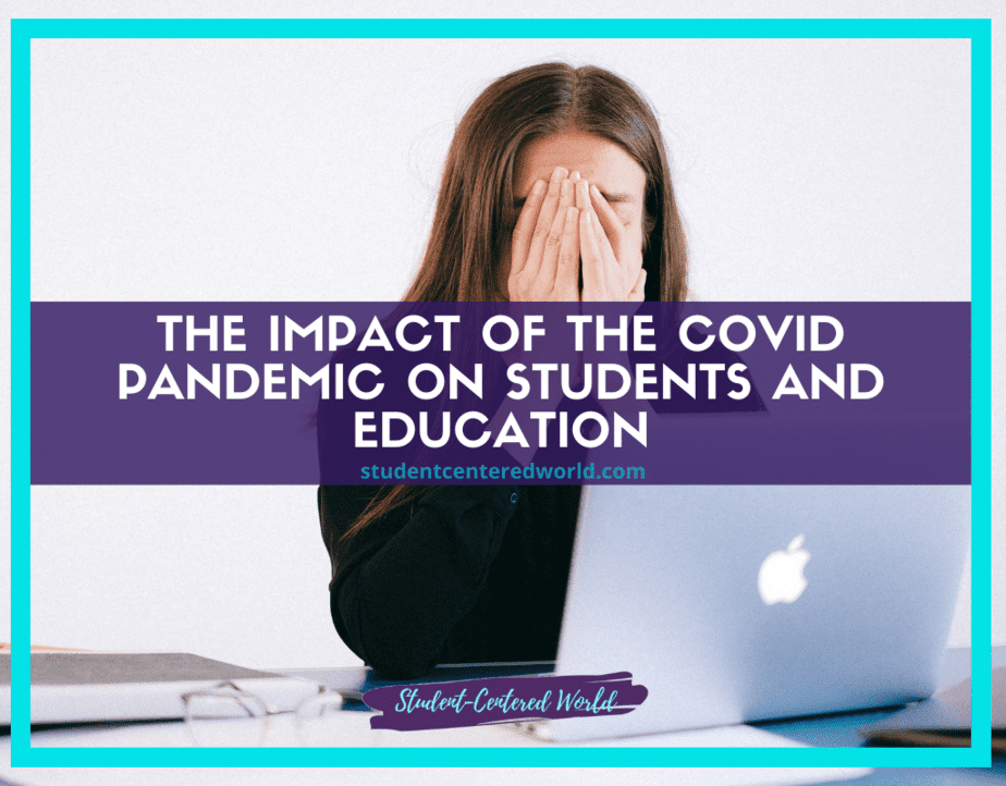 A person sits at a desk, covering their face in front of a laptop. Overlaid text reads, The pandemic effects on students and education.