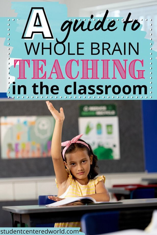 A young girl raises her hand in a classroom. Text above her reads: A guide to whole brain teaching for your classroom. The website studentcenteredworld.com is at the bottom.