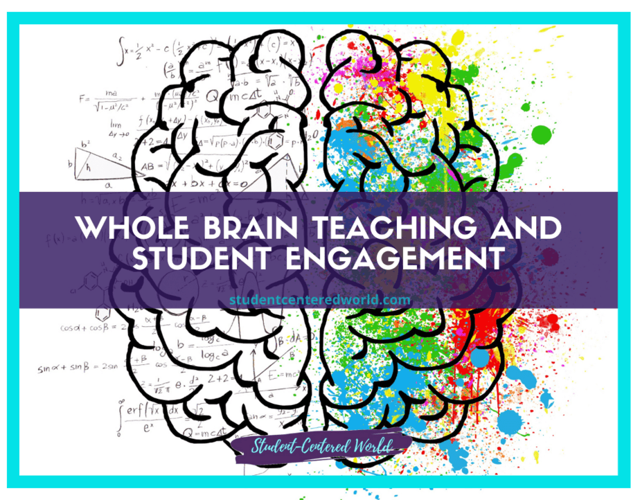 Illustration of a brain with colorful splashes on the right side and black text and equations on the left. A purple banner across the center highlights "Whole Brain Teaching" and student engagement, showcasing innovative education methods.