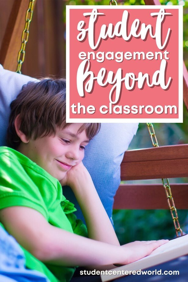 A boy in a green shirt smiles while reading a book on a swing, embodying student engagement beyond the classroom. Text above reads “Student Engagement Beyond the Classroom.” Website: studentcenteredworld.com.